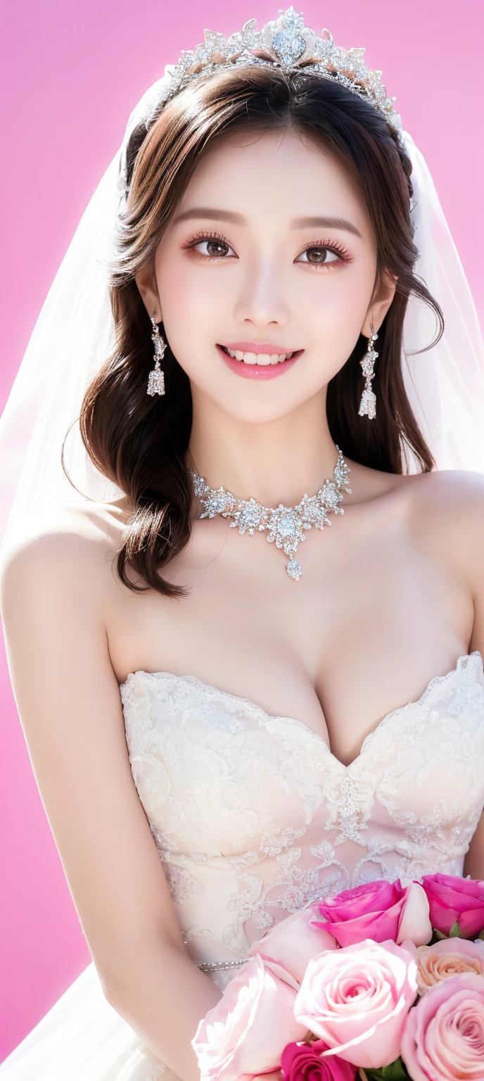 (best quality、On the table、8K、Best image quality、Award-winning works)、A beautiful bride、(Solitary:1.1)、(The most luxurious and gorgeous giant pure white wedding dress:1.1)、(Perfect wedding lace:1.2)、(The most gorgeous、The most luxurious giant crown:1.1)、(The most luxurious giant necklace:1.1)、Look at me with your brightest smile、The finest jewellery、Perfect makeup、Long eyelashes、Ultra HD shining eyes、Ultra HD hair、Ultra high resolution glossy lips、Ultra-high resolution perfect teeth、Ultra-high definition beautiful face、(Accurate anatomy:1.1)、Very bright and beautiful skin、Very bright and vivid、Perfect and beautiful bridal hairstyle、(Front facing the body:1.1)、(Solid pink background:1.2)