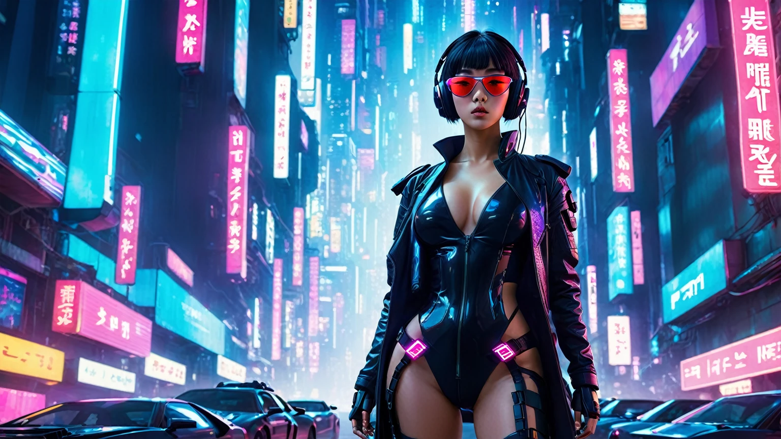 aerial view, dark night, A vast cyberpunk landscape set in Korea with ((flying cars)) and neon lights, in shades of pink, blue and red, (Matrix style cascading code), in the style of Blade Runner and Ghost In The Shell. (((((1girl, solo, alone))))), large-breast:1.2 slim body, cleavage:1.1, sexy miniskirt, ((((headphone, black sunglasses, standing and holding pistol pose)))), (((half-body thigh level medium shot))), cinematic lighting, lens flare, ray tracing.
