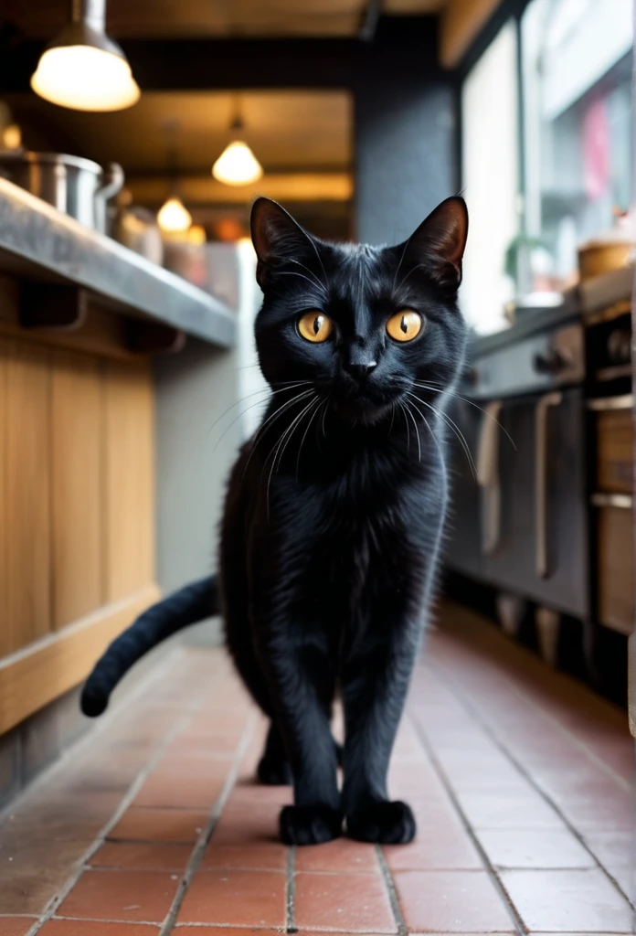 photo, The cutest click bait monster on earth, cat, walking on two legs, with wide, kind eyes, like  in Boots,Behind the restaurant kitchen、Black cat