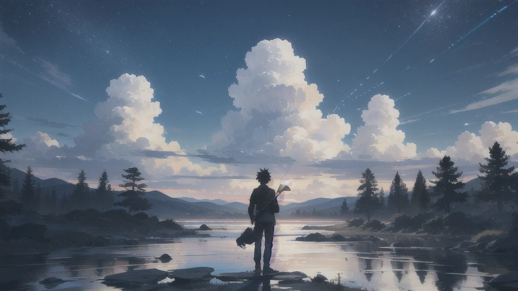 真っ暗なnight空,Octane, star (null), scenery, Blue parakeet,The acoustic guitar is in front of the body.,star, night, A girl and a boy back to back, Back view, 座ってる, Outdoor, city,Blue parakeet,building, cloud, 天のriver,silhouette