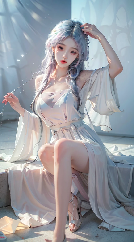 ((Shot in the knee)),（masterpiece、best quality、high resolution），（Colored background，（Splash of Color）），Sweet girl，Light blue and white medium length hair，[Light Blue|pink]hair，curls，shining，红pink的嘴唇，The crack is relatively large，Splash of Color，Volumetric Lighting，Full breasts, Elegant Posture, Sexy slender legs