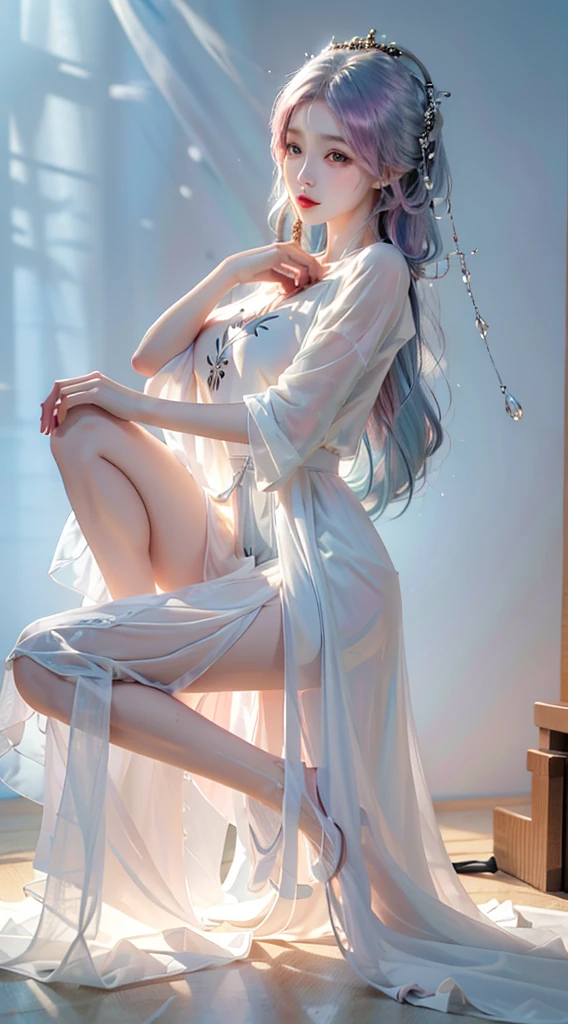 ((Shot in the knee)),（masterpiece、best quality、high resolution），（Colored background，（Splash of Color）），Sweet girl，Light blue and white medium length hair，[Light Blue|pink]hair，curls，shining，红pink的嘴唇，The crack is relatively large，Splash of Color，Volumetric Lighting，Full breasts, Elegant Posture, Sexy slender legs