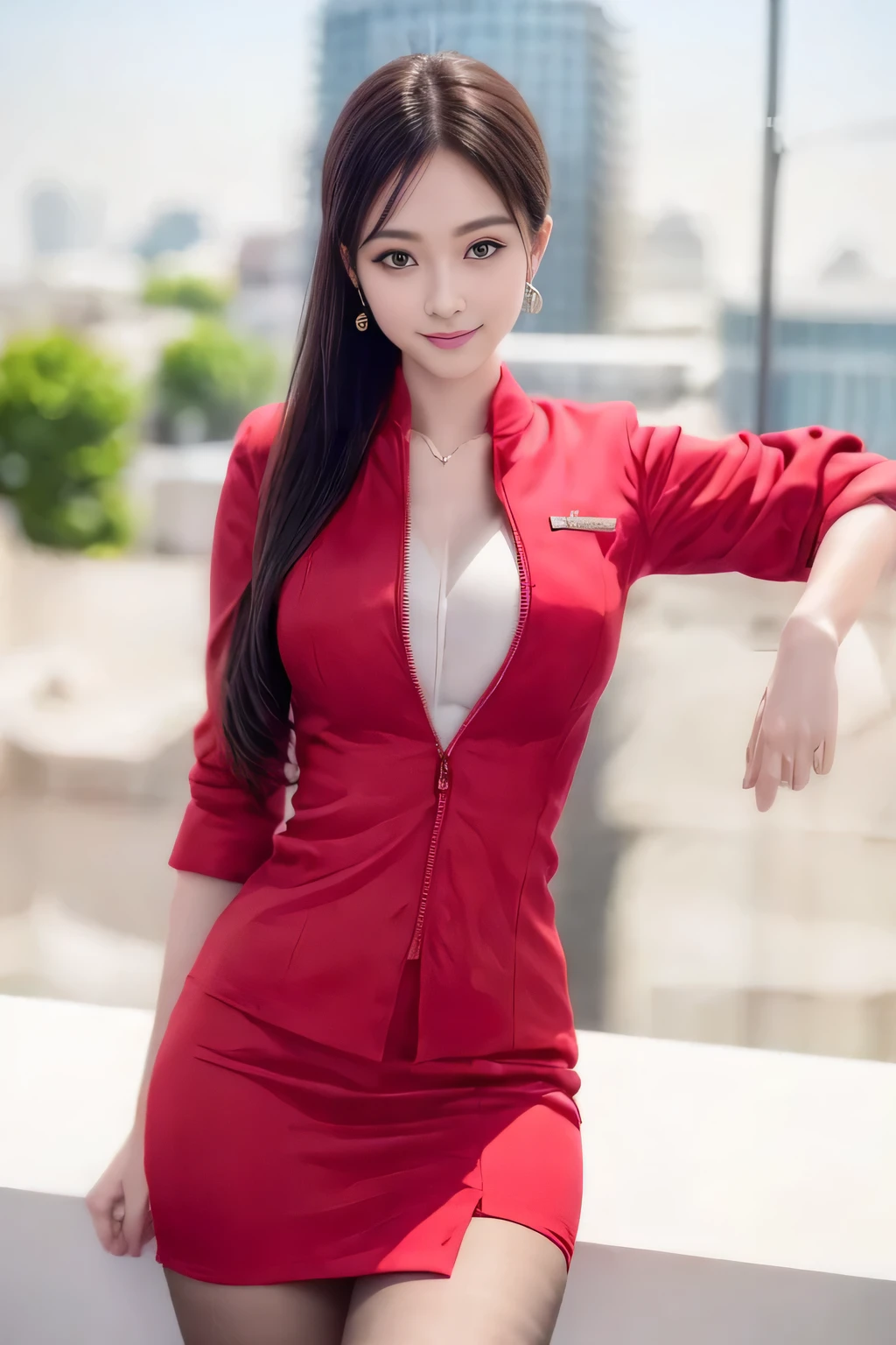 (masterpiece:1.2, Highest quality:1.2), 32k HDR, High resolution, (alone, 1 Girl), (AirAsia stewardess uniform realistic style), A proper woman, Beautiful Face, Brown Hair, (Long hair down to the legs), (Red jacket:1.1, Unzipped jacket, Unbuttoned white shirt:1.05, Red mini skirt:1.1, pantyhose),(Showing big through cleavage in unbuttoned white shirt)、(long hair that reaches down to the legs)、Perfect slim body:1.1, Huge breasts, huge breasts cleavage, Detailed skin texture, Beautiful Eyes, (Attractive look:1.2), necklace、Earrings、(forward leaning posture:1.5), On the roof of a building, Rooftop at daytime,Blue eyes、Hands should be lowered