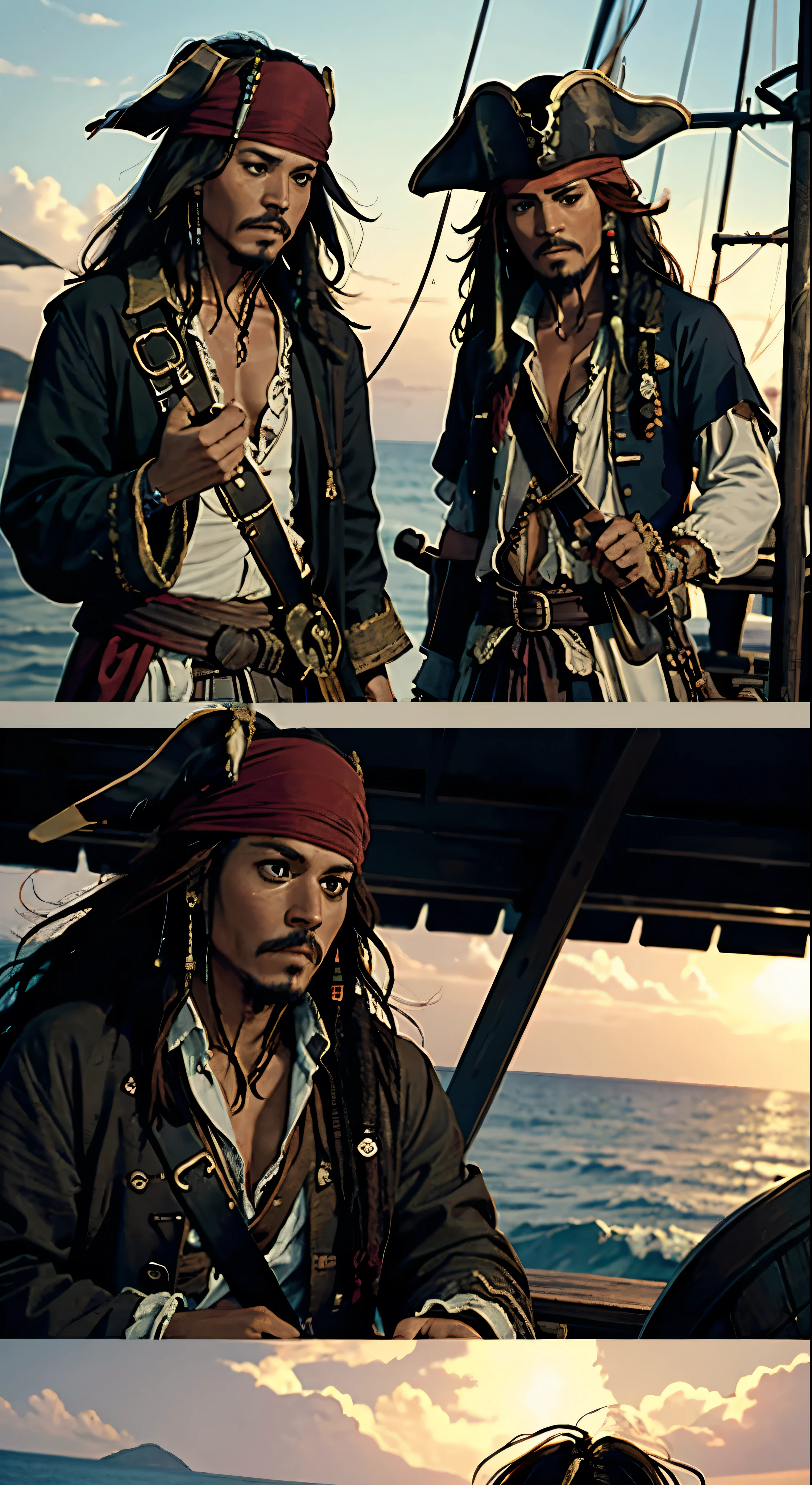 A scene from a movie。Pirates of the Caribbean，A picture of Jack Sparrow talking to someone on a pirate ship
