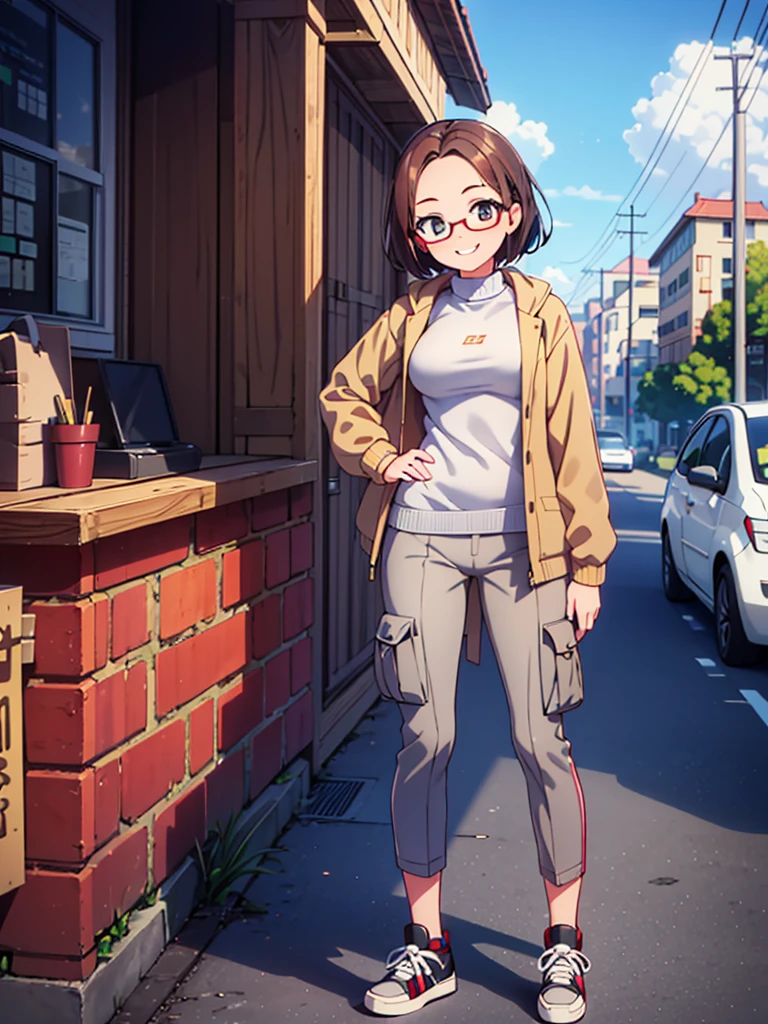 very short hair, 1girl, tits, brown hair, ((1.55 meters tall)), (glasses), (beige jacket), (white sweater), ((gray sports cargo pants)), (sneakers), forehead, smiling showing teeth, tiny hands,