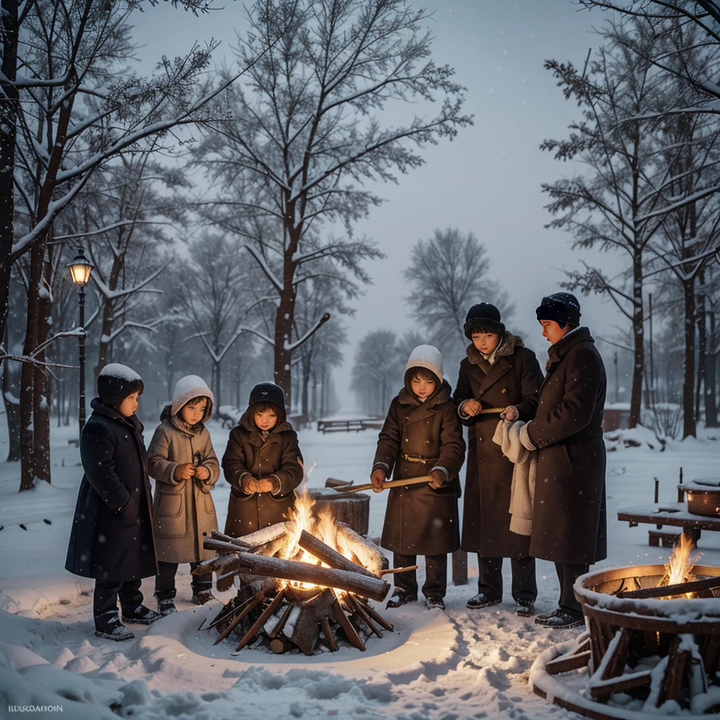 1920、Near Harbin Station、shivering from hunger and cold、plural White people、Children of the Po-Land、night、They are staving off the cold by burning firewood.、in house, night, fall snow, accurate, anatomically correct, textured skin, beautiful fingers super detail, high details, high quality, best quality,