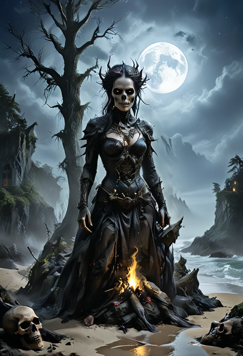 arafed, dark fantasy art, goth art,  an award winning digital picture, National Geographic picture of a dark mysterious island at night, it is night time, a dark island, dark gloomy beach, skull on the beach, some large ancient trees, a dark castle, lit with torches, necromancy magic, full moon, some stars,  Ultra-high resolution, High Contrast, (masterpiece:1.5), highest quality, Best aesthetics), 16K fantasy art, best details, best quality, highres, (ultra wide angle: 1.2), 16k, [ultra detailed], masterpiece, best quality, (extremely detailed), ladyshadow, dark fantasy