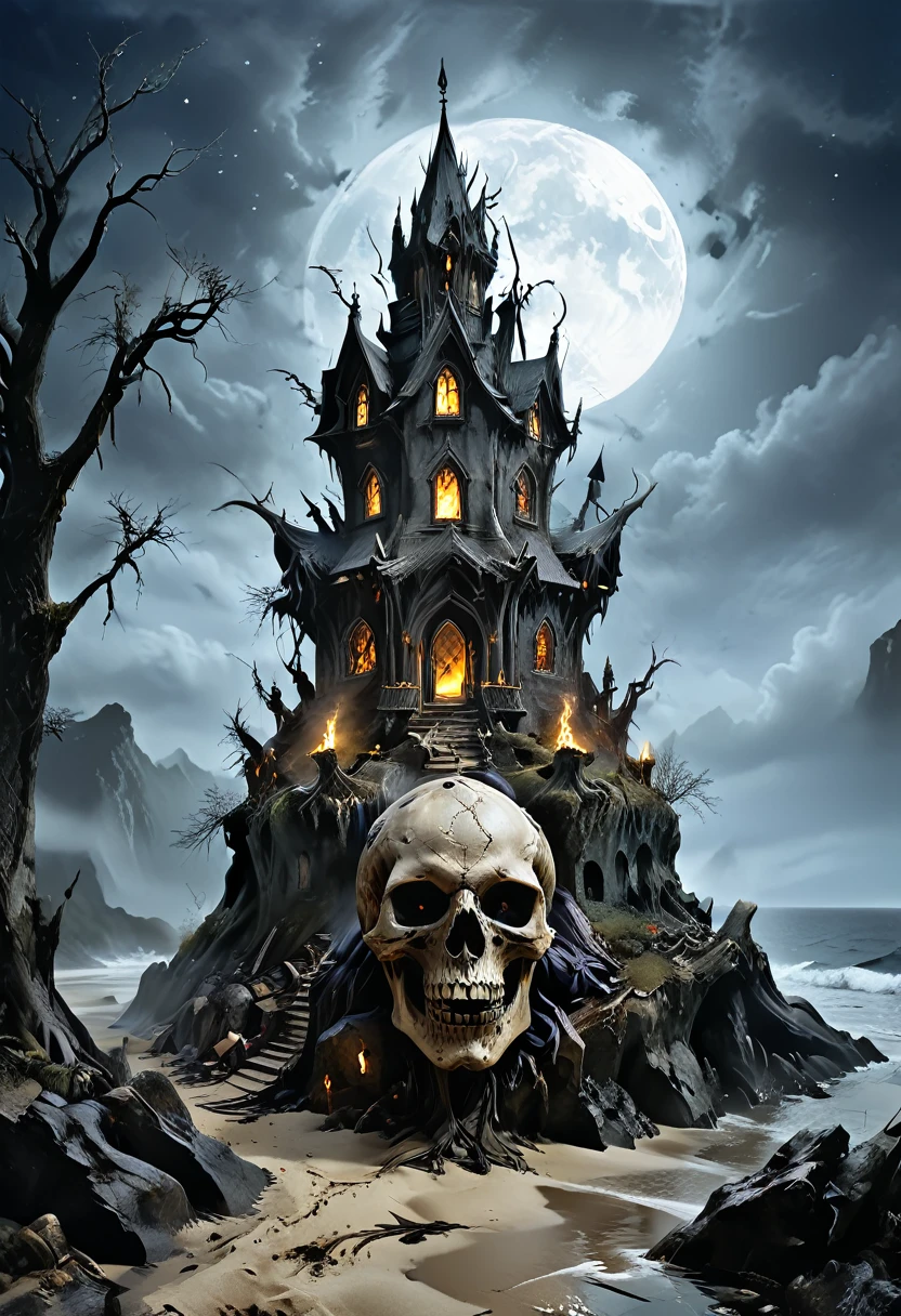 arafed, dark fantasy art, goth art,  an award winning digital picture, National Geographic picture of a dark mysterious island at night, it is night time, a dark island, dark gloomy beach, skull on the beach, some large ancient trees, a dark castle, lit with torches, necromancy magic, full moon, some stars,  Ultra-high resolution, High Contrast, (masterpiece:1.5), highest quality, Best aesthetics), 16K fantasy art, best details, best quality, highres, (ultra wide angle: 1.2), 16k, [ultra detailed], masterpiece, best quality, (extremely detailed), ladyshadow, dark fantasy, dark novel