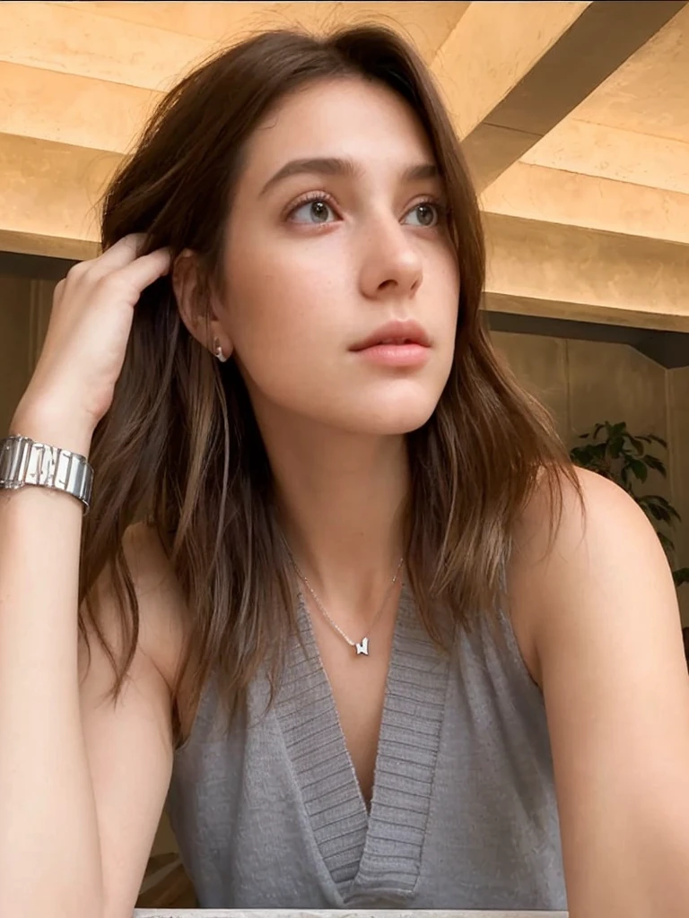 realistic photography, 3d, detailed. beautiful young woman, fresh clean face, sitting against the background of modern architecture. Her shoulder-length hair is bright black and neatly flowing. wearing a gray sleeveless top with knit v-neck detail. wearing a simple necklace with an "H" pendant and a metal watch on his left wrist. The position of his left hand is holding his hair near his ear, giving the impression of a natural and relaxed style with a calm expression and eyes that look far away as if he is contemplating. The backdrop features natural lighting coming in from large windows, creating shadows and soft light on the walls and ceiling. 124k, Hyper realistic, HD.