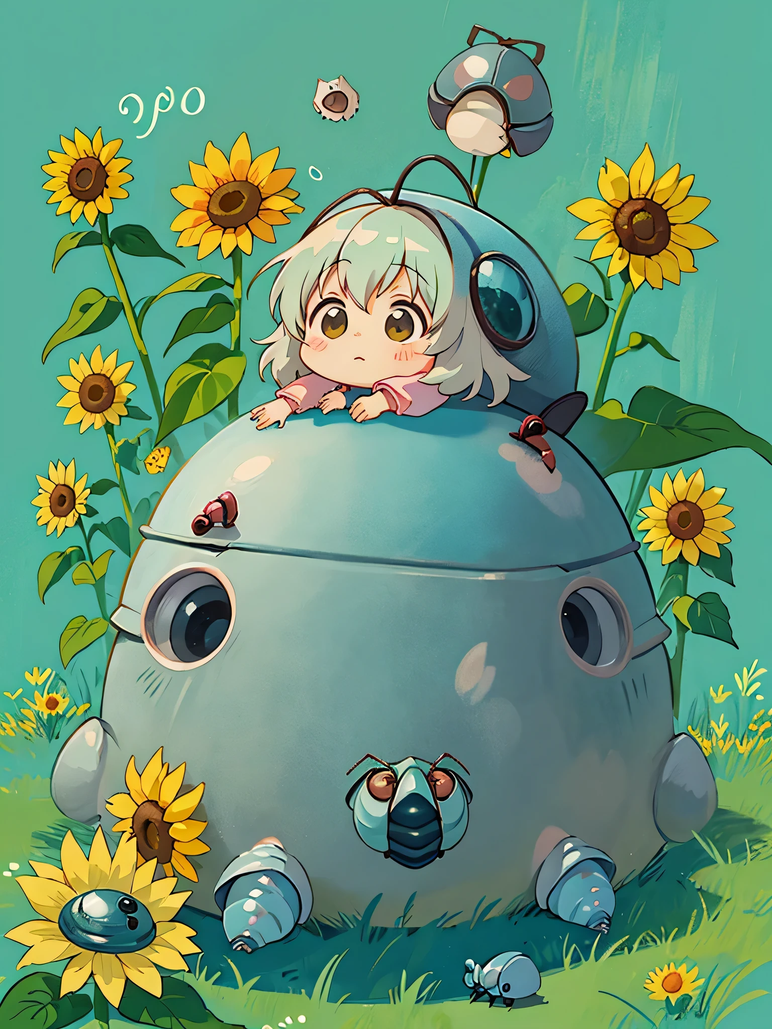 hayao miyazaki style, Kawaii Design, The most beautiful girl of all time、chibi, (((Cute pillbug))), sunflowers