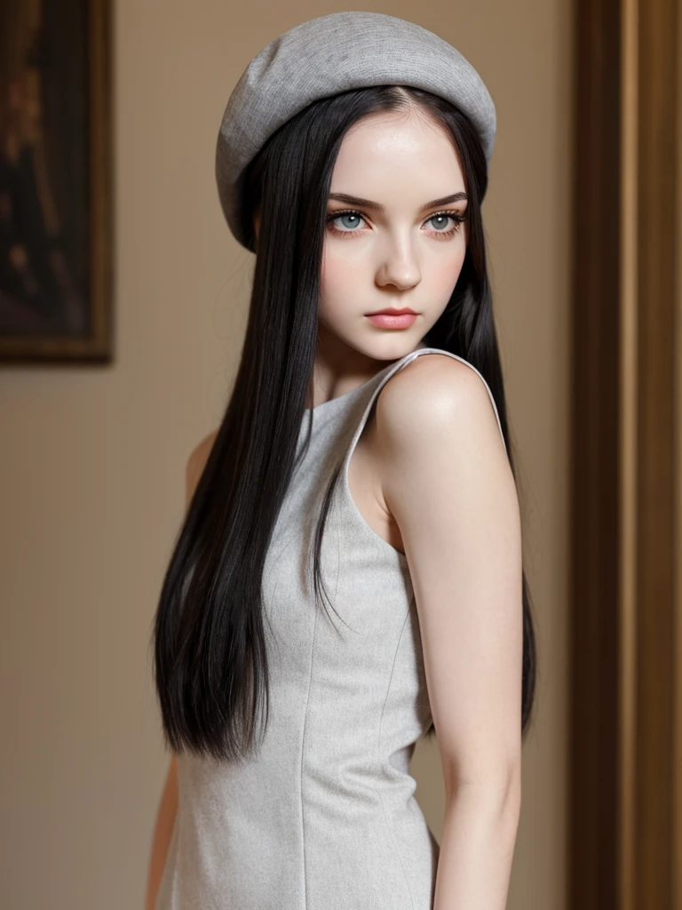 (best quality), 1girl, female, pale skin, (black hair), long hair, straight hair, grey eyes, perfect eyes, slender, tall, (beret), (annoyed), (blush), stylish, elegant, serious, normal bust, masterpiece, anatomically correct, highres