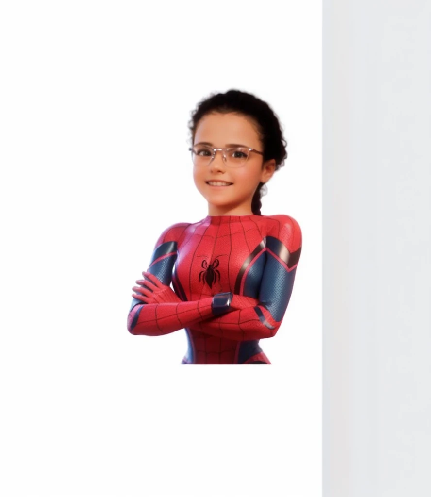 7 year old white girl with curly hair tied in a ponytail, she wears glasses, she is standing with her arms crossed wearing a white and pink spider woman outfit. She is happy. best image quality, 3D style.