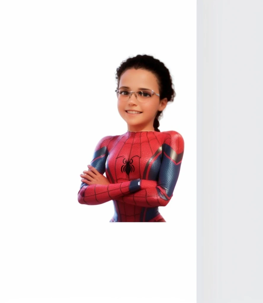 7 year old white girl with curly hair tied in a ponytail, she wears glasses, she is standing with her arms crossed wearing a white and pink spider woman outfit. She is happy. best image quality, 3D style.