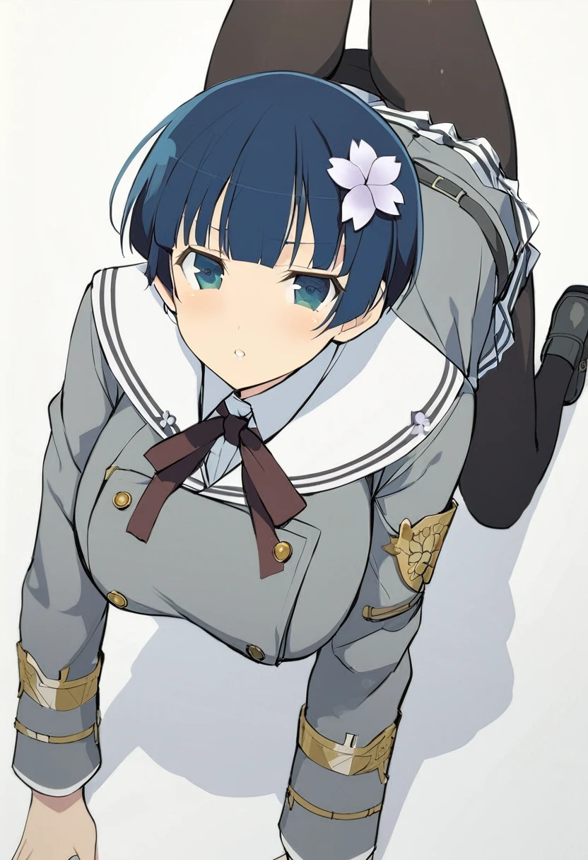 masterpiece, best quality, 
yozakura (senran kagura), 1girl, solo, short hair, blue hair, blue eyes, large breasts, hair ornament, hair flower, 
flower, emblem, 
white background, looking at viewer, 

Yozakura_School, , white sailor collar, grey jacket, black buttons, grey skirt, skirt frills, neck ribbon, grey belt, black pantyhose, grey loafers, 