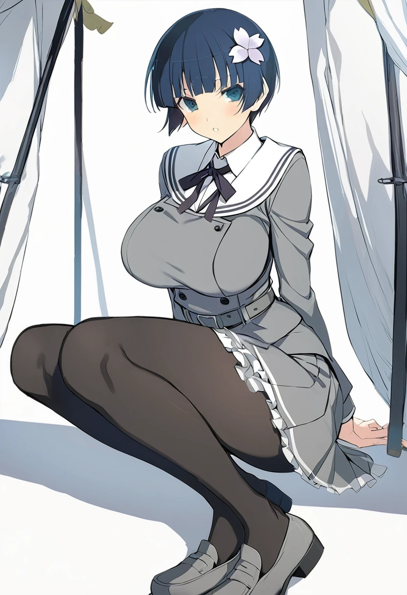 masterpiece, best quality, 
yozakura (senran kagura), 1girl, solo, short hair, blue hair, blue eyes, large breasts, hair ornament, hair flower, 
flower, emblem, 
white background, looking at viewer, 

Yozakura_School, , white sailor collar, grey jacket, black buttons, grey skirt, skirt frills, neck ribbon, grey belt, black pantyhose, grey loafers, 