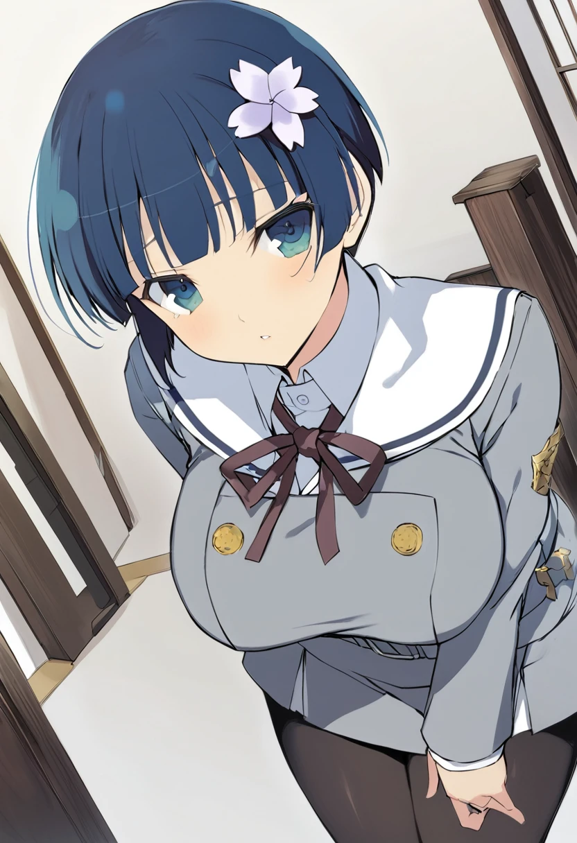 masterpiece, best quality, 
yozakura (senran kagura), 1girl, solo, short hair, blue hair, blue eyes, large breasts, hair ornament, hair flower, 
flower, emblem, 
white background, looking at viewer, 

Yozakura_School, , white sailor collar, grey jacket, black buttons, grey skirt, skirt frills, neck ribbon, grey belt, black pantyhose, grey loafers, 