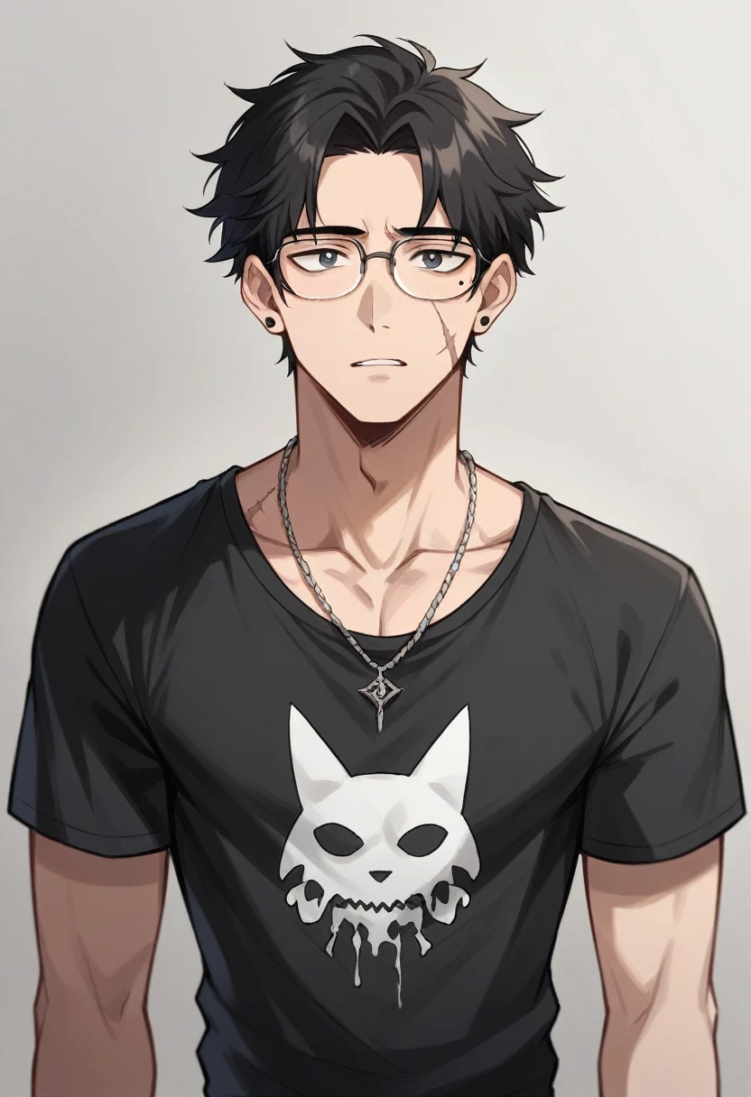 A man with black hair, medium-parted hair, large body, wearing a t-shirt and a necklace, has a scar on his right cheek, dark circles under his eye, and wears not-thick rectangular glasses. There is a single mole under the mouth.