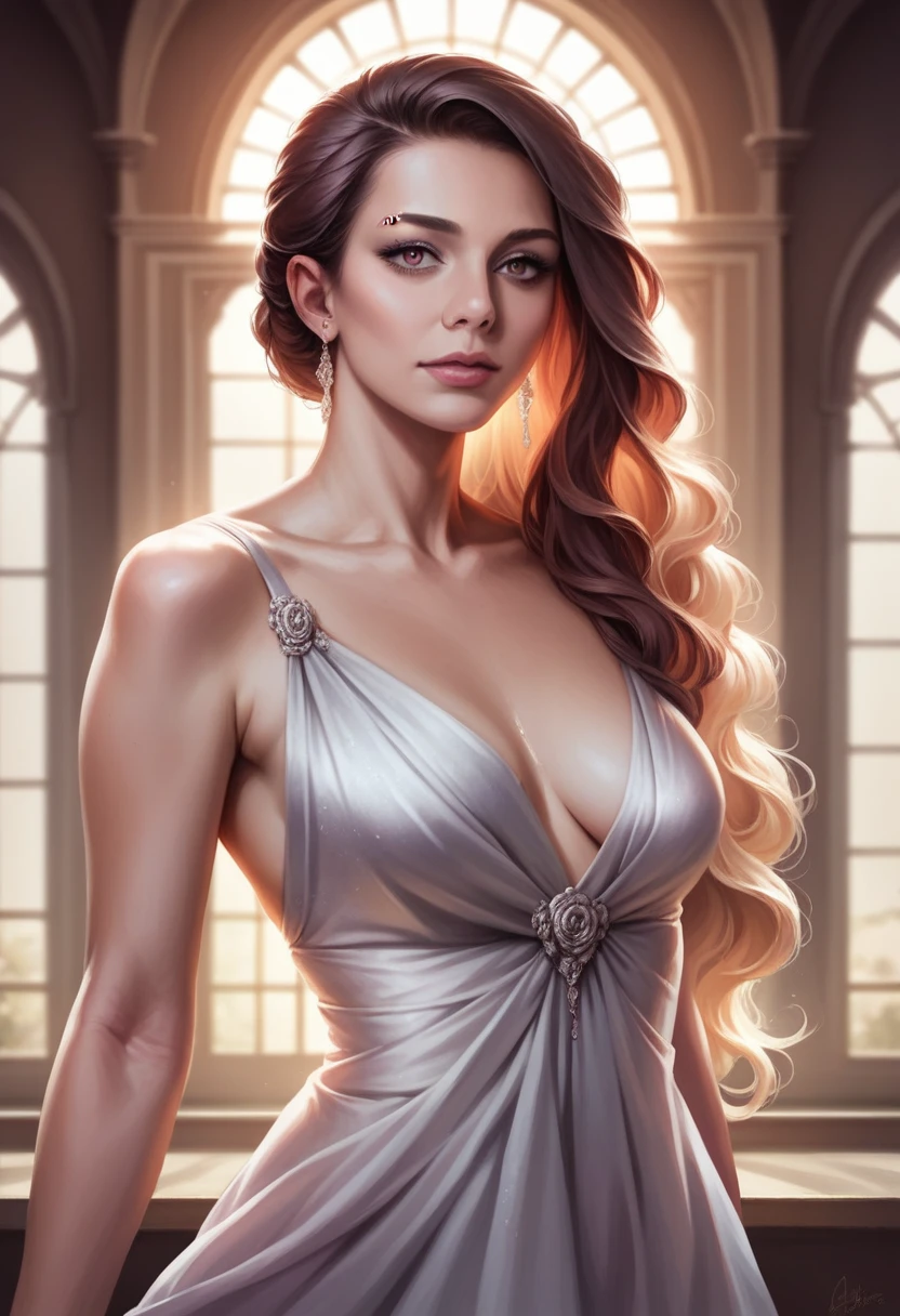 a beautiful woman, intricate details, elegant hairstyle, piercing eyes, delicate facial features, soft skin, flowing dress, cinematic lighting, photorealistic, highly detailed, 8k, (best quality:1.2), (realistic:1.37), detailed portrait, elegant, graceful, serene expression, captivating gaze, ethereal beauty, natural lighting, warm color tones, oil painting style, masterpiece