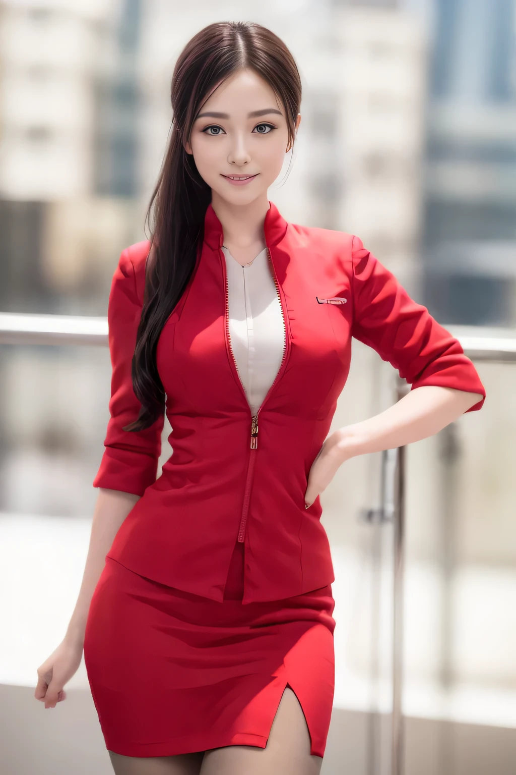 (masterpiece:1.2, Highest quality:1.2), 32k HDR, High resolution, (alone, 1 Girl), (AirAsia stewardess uniform realistic style), A proper woman, Beautiful Face, Brown Hair, (Long hair down to the legs), (Red jacket:1.1, Unzipped jacket, Unbuttoned white shirt:1.05, Red mini skirt:1.1, pantyhose),(Showing big through cleavage in unbuttoned white shirt)、(long hair that reaches down to the legs)、Perfect slim body:1.1, Huge breasts, huge breasts cleavage, Detailed skin texture, Beautiful Eyes, (Attractive look:1.2), necklace、Earrings、(forward leaning posture:1.5), On the roof of a building, Rooftop at daytime,Blue eyes、Hands should be lowered