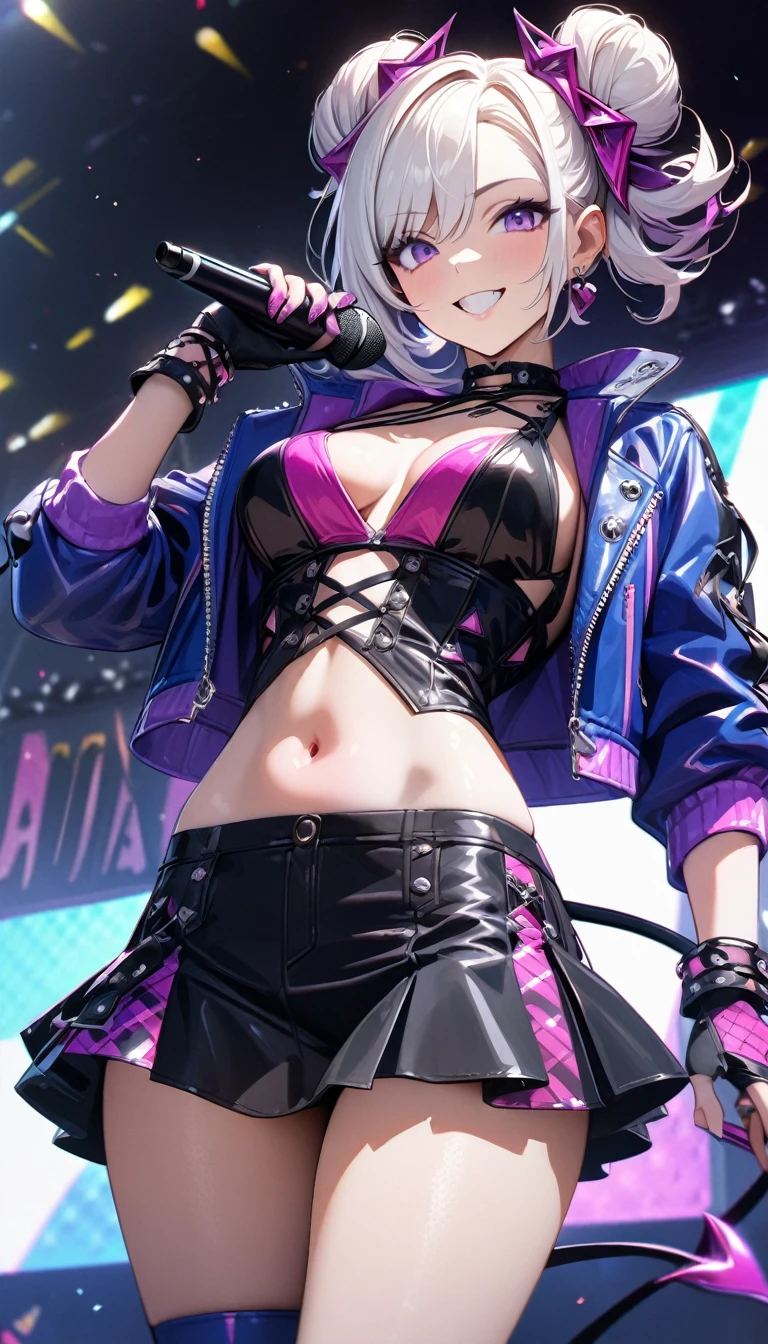 Adult girl, white hair, bun hairstyle, purple eyes, purple lipstick, smile, blue leather jacket, open belly, open breasts, tight skirt, pop idol, demon tails, KDA Evelynn, Masterpiece, best quality, Full HD, 8k, ultra details, great graphic