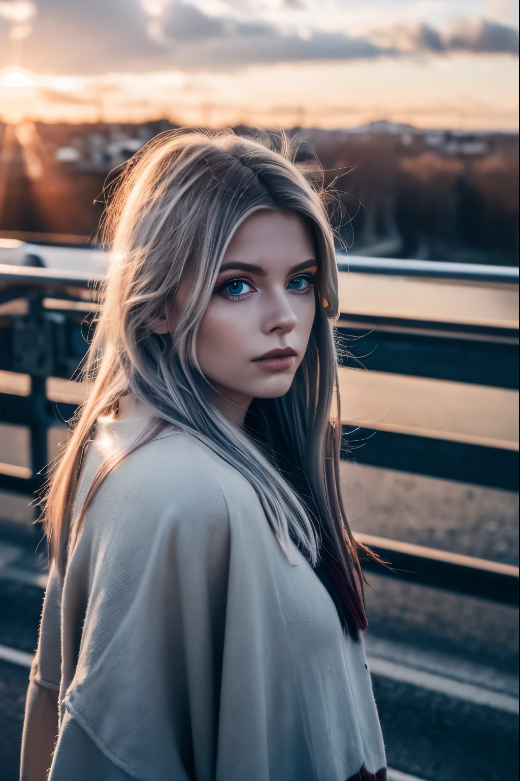 (4K), (Highest quality), (Best details), (Realistic)、Cloudy、Blood-colored sunset、Dark Nordic landscape、Beautiful Norwegian girl standing on a big bridge、Disheveled Hair、、Frugal makeup、Silver Hair、Blue Eyeunch's Scream、Cover your ears and scream