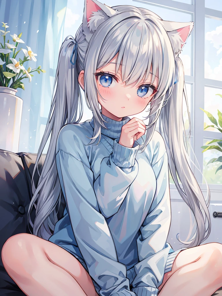 Gray Hair,Twin tails,Light blue eyes,Cat ear,sweater