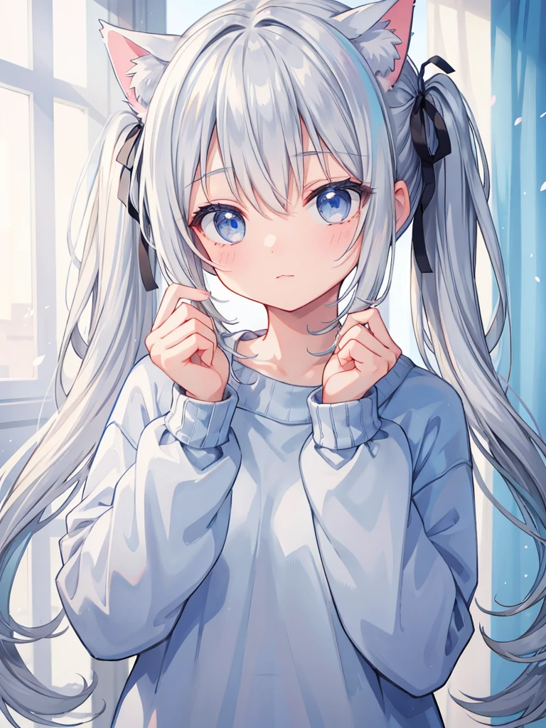 Gray Hair,Twin tails,Light blue eyes,Cat ear,sweater