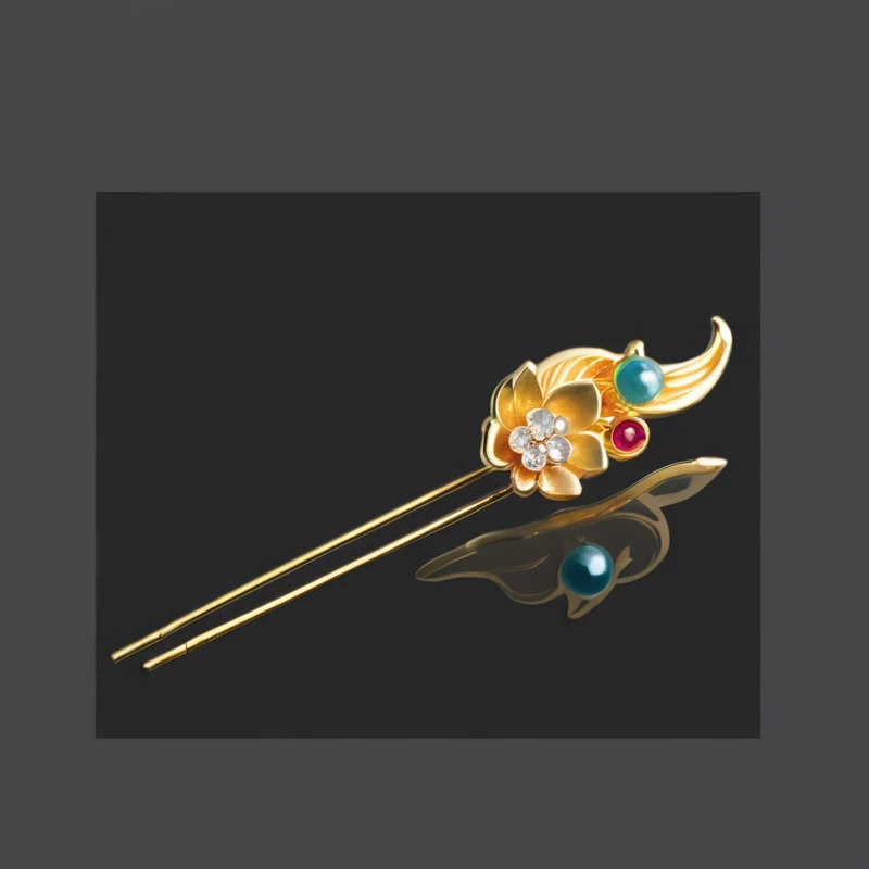 a close up of a gold hair pin existith a floexister, The album cover, Inspired by Roma, Inspired by Gu An, artexistork in the style of z.exist. arrive, Hair accessories, long elegant tail, Gilded Lotus Princess, inspired by Guo Xi, Inspired by Ju Lian, East, 受arrive吴道子的启发