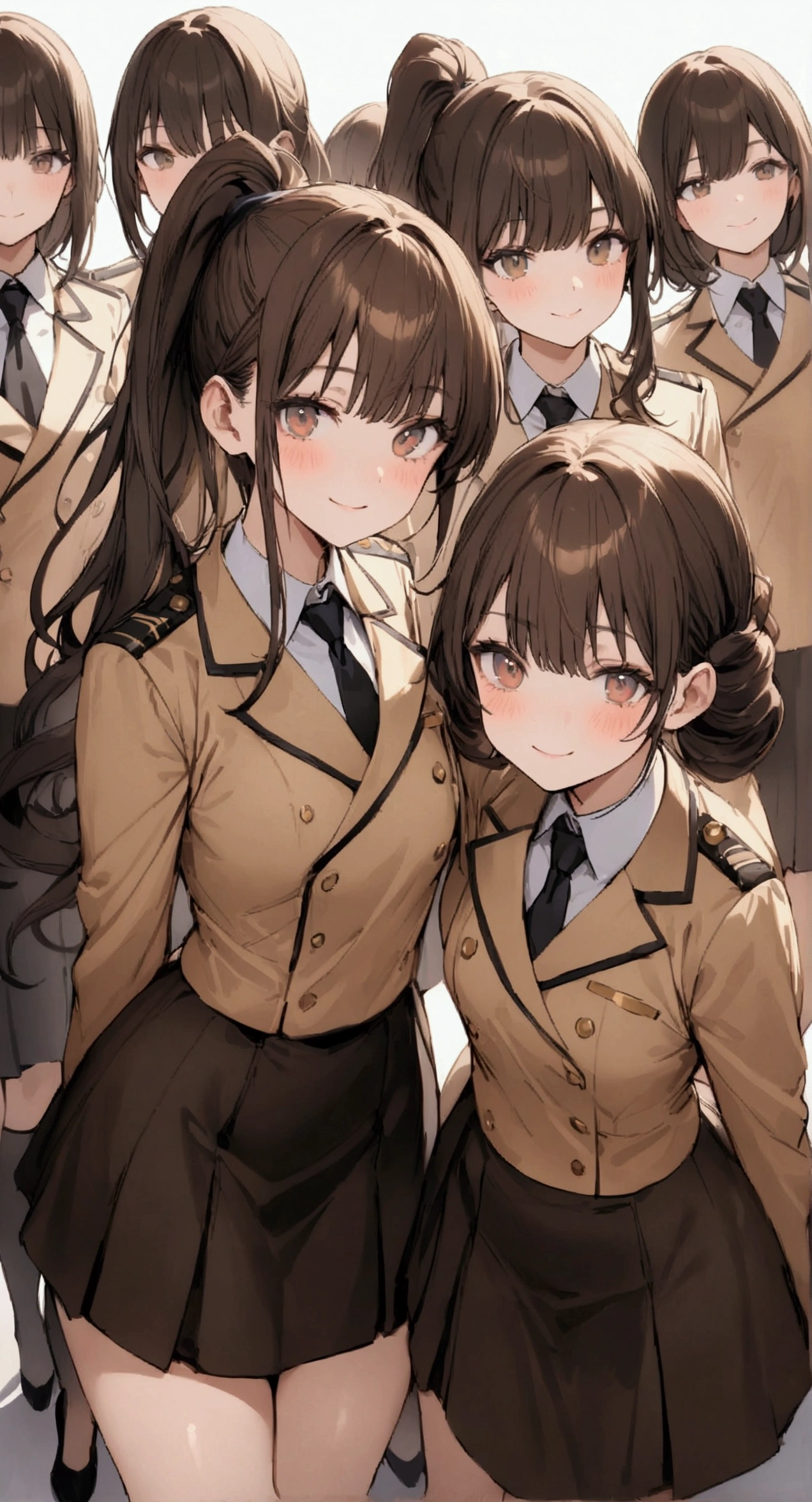 masterpiece, Highest quality, High resolution, 10+girl, crowd, An orderly line of sisters, An orderly line of sisters, Sisters in a row, uniform, Matching outfits, Long Hair, Curly Hair, ponytail, Matching hairstyle, Hazel Eyes, Brown Hair, Black tie, Blue Ribbon, Brown Skirt, salute, smile, indoor, Group shot, whole body, Panty shot, Black high heels、Everyone flips up their skirts