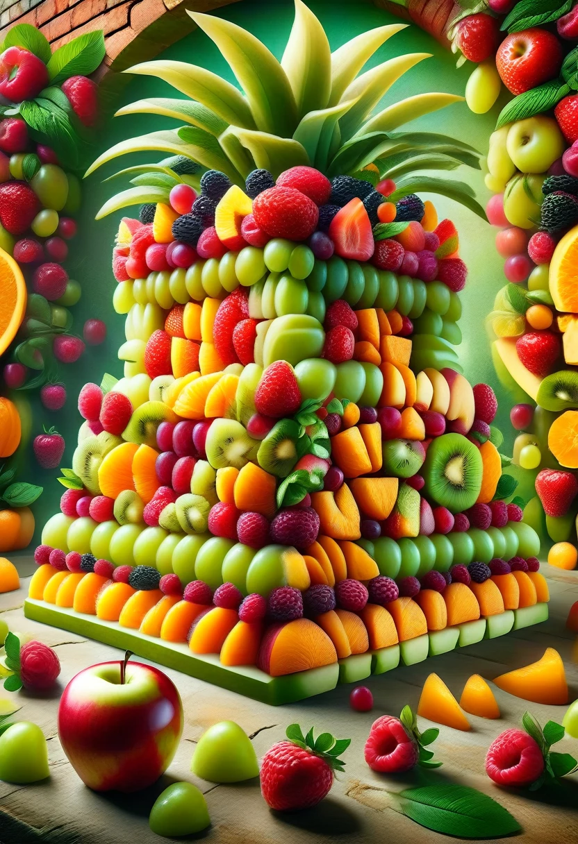 a legendary fruit APPLE castle in a fruit kingdom made of made of ral-fruitsalad, intricate details, masterpiece, best quality, colorful ,background of a London style brick wall, graffiti, neon lights,