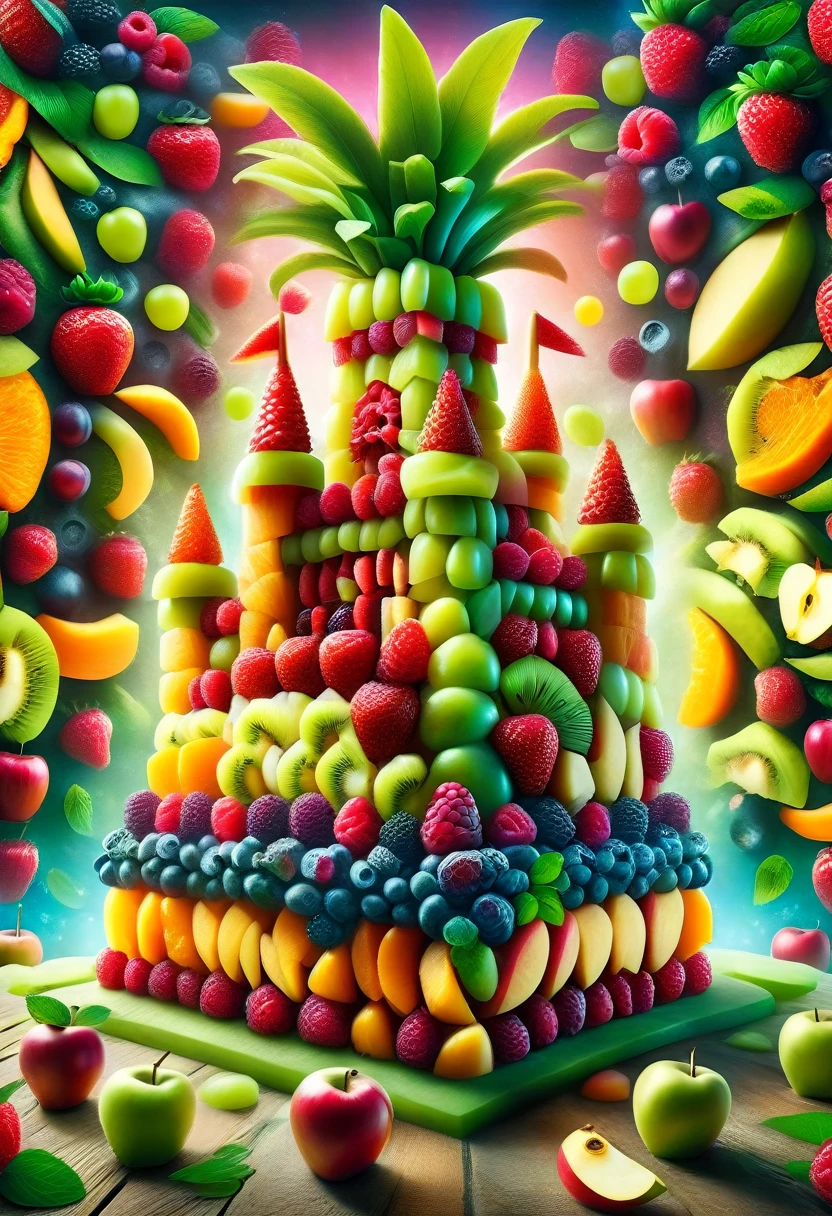 a legendary fruit APPLE castle in a fruit kingdom made of made of ral-fruitsalad, intricate details, masterpiece, best quality, colorful ,background of a London style brick wall, graffiti, neon lights,