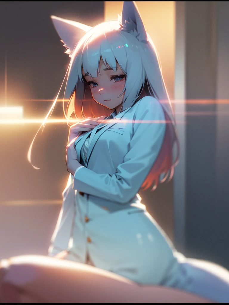 (Sumilux f1.4 50mm , low Latitude old color negative film , cross process , bokeh, flare, chromatic aberration , soft focus, (Shallow focus) , soft glow , Maximum aperture, High Key , Transparent depiction) , Wolf woman, butter face, business suit seductive