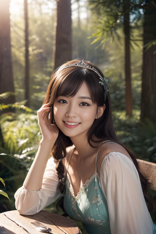 (((table top:1.4, highest quality)), (realistic pictures:1.4),
((1 girl)),
(超High resolution:1.2), very delicate and beautiful, wonderful, Highly detailed CG Unity 8k wallpaper, Super detailed, High resolution,
soft light, beautiful detailed lady, highly detailed eyes and face, beautifully detailed nose, dimples,
(princess of fairyland:1.3),
cinematic lighting, perfect anatomy, slender body, ,
(little house in the forest:1.3),
cowboy_shot, looking at the viewer, smile)