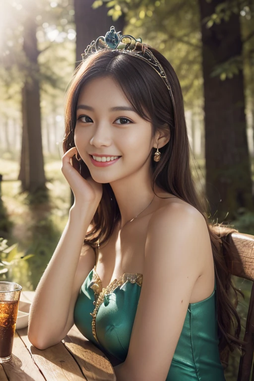 (((table top:1.4, highest quality)), (realistic pictures:1.4),
((1 girl)),
(超High resolution:1.2), very delicate and beautiful, wonderful, Highly detailed CG Unity 8k wallpaper, Super detailed, High resolution,
soft light, beautiful detailed lady, highly detailed eyes and face, beautifully detailed nose, dimples,
(princess of fairyland:1.3),
cinematic lighting, perfect anatomy, slender body, ,
(little house in the forest:1.3),
cowboy_shot, looking at the viewer, smile)