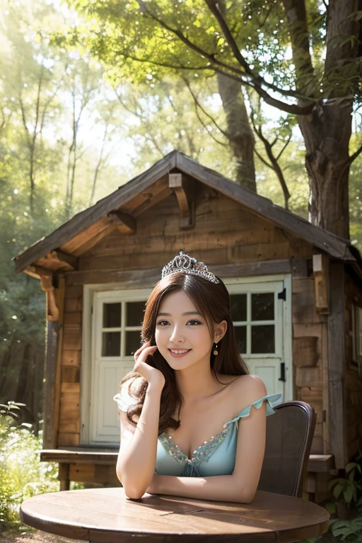 (((table top:1.4, highest quality)), (realistic pictures:1.4),
((1 girl)),
(超High resolution:1.2), very delicate and beautiful, wonderful, Highly detailed CG Unity 8k wallpaper, Super detailed, High resolution,
soft light, beautiful detailed lady, highly detailed eyes and face, beautifully detailed nose, dimples,
(princess of fairyland:1.3),
cinematic lighting, perfect anatomy, slender body, ,
(little house in the forest:1.3),
cowboy_shot, looking at the viewer, smile)