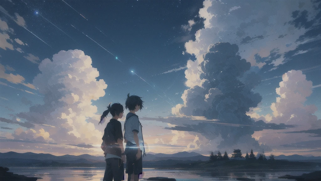真っ暗なnight空,Octane, star (null), scenery, Blue parakeet,The acoustic guitar is in front of the body.,star, night, A girl and a boy back to back, Back view, 座る, Outdoor, city,Blue parakeet,building, cloud, 天のriver,silhouette