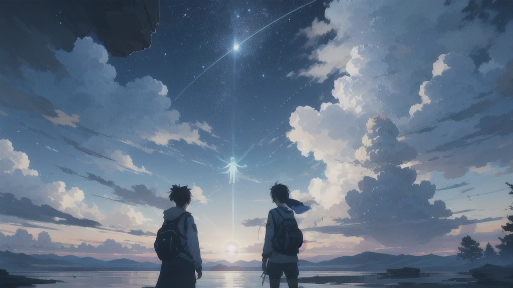 真っ暗なnight空,Octane, star (null), scenery, Blue parakeet,The acoustic guitar is in front of the body.,star, night, A girl and a boy back to back, Back view, 座る, Outdoor, city,Blue parakeet,building, cloud, 天のriver,silhouette