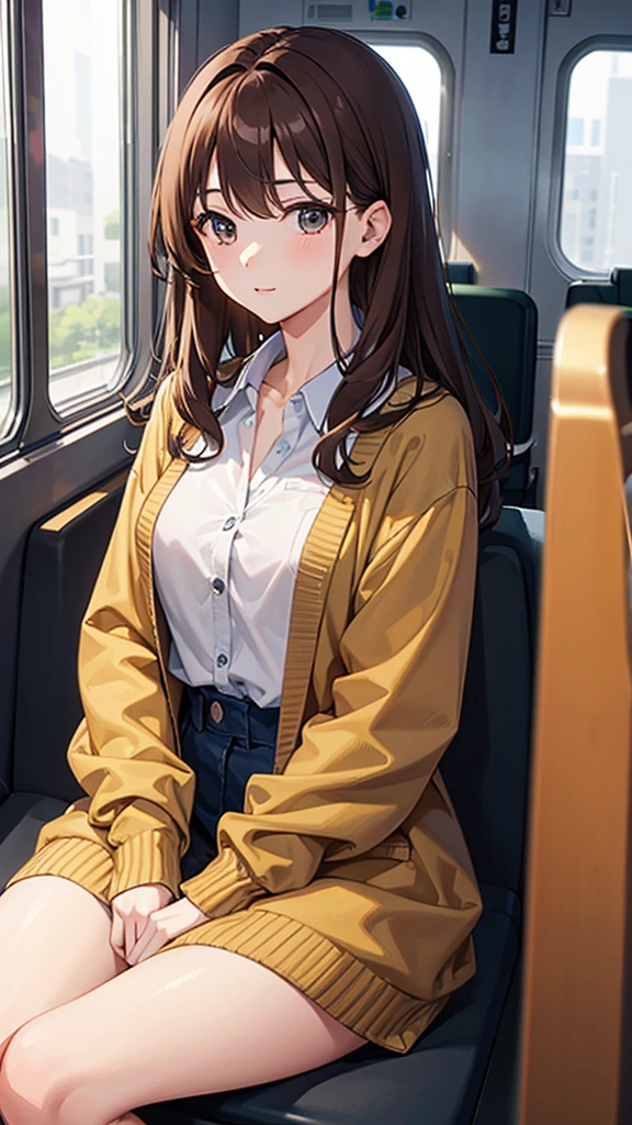 masterpiece, highest quality, High resolution,Anime Style、Brown Hair、long、Put on a cardigan、Sit on the train