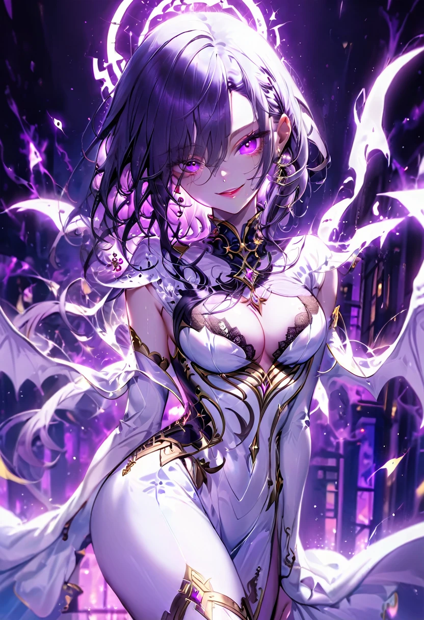 One young and beautiful woman,(Highest quality,Extremely detailed depiction,Incredibly absurd high resolution,Anatomically accurate depiction,Perfect body,Two curvaceous legs),(A fantastic goddess in a mysterious costume),(Gorgeous white outfit),eyelash,eye shadow,eyeliner,mascara,Flashy makeup,(Intensely glowing purple eyes,(Crazy Eyes),Glossy Lips,Wicked Smile,There is cleavage in the chest,wing,whole body),Sweat,background:Temple of the Night,Purple light