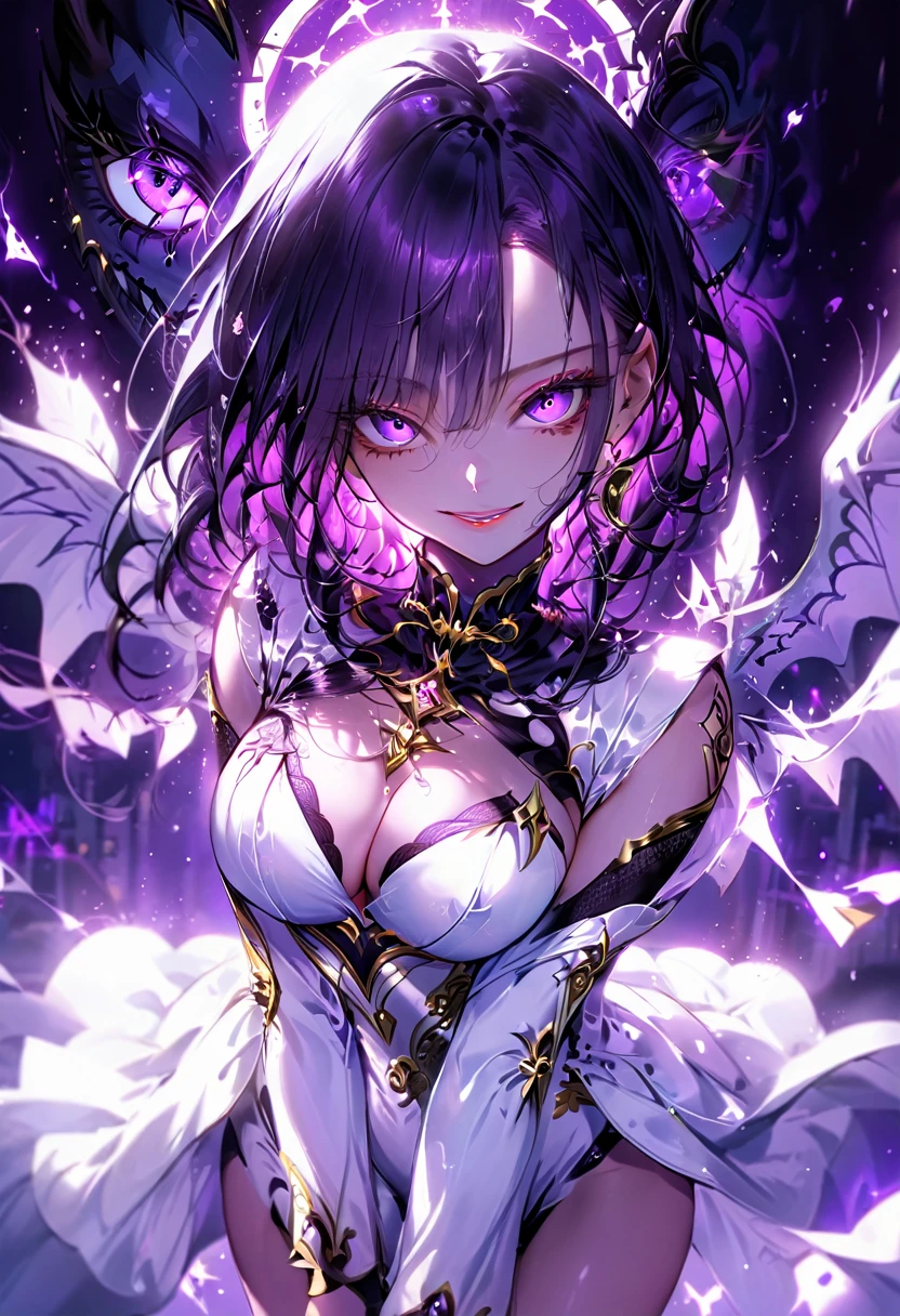 One young and beautiful woman,(Highest quality,Extremely detailed depiction,Incredibly absurd high resolution,Anatomically accurate depiction,Perfect body,Two curvaceous legs),(A fantastic goddess in a mysterious costume),(Gorgeous white outfit),eyelash,eye shadow,eyeliner,mascara,Flashy makeup,(Intensely glowing purple eyes,(Crazy Eyes),Glossy Lips,Wicked Smile,There is cleavage in the chest,wing,whole body),Sweat,background:Temple of the Night,Purple light