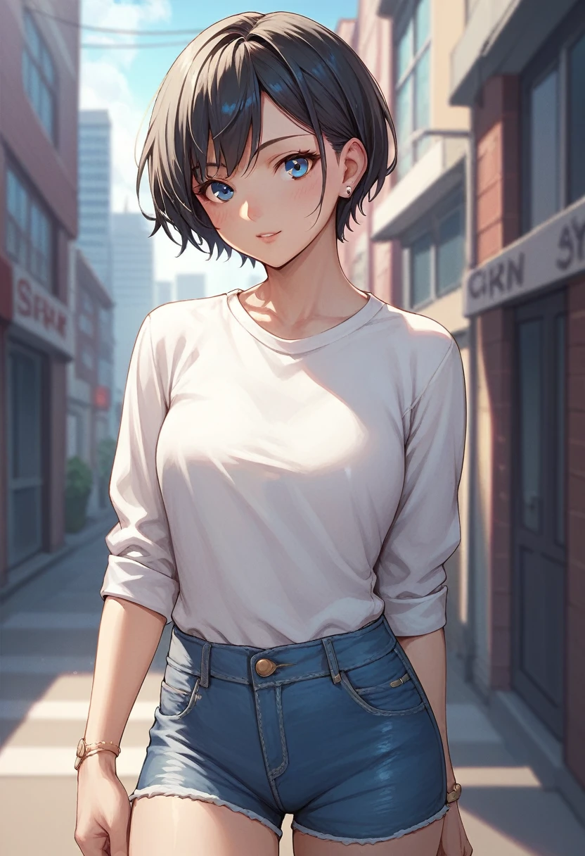 1girl, flat chest, short black hair, blue eyes, wearing plain white shirt, denim shorts, city, absurdres, high res, ultrasharp, 8K, masterpiece, looking at viewer