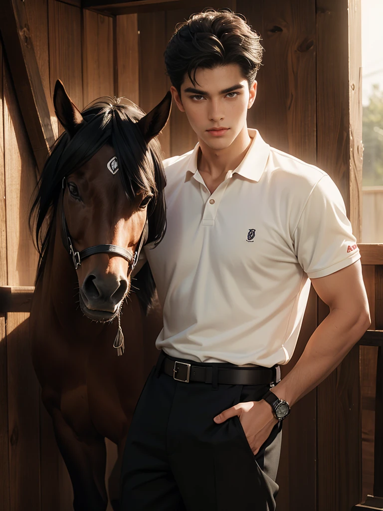 portrait headshot of a A tall handsome 27 year old man in a red and white long sleve polo shirt and white ridding pants and knee length black boots. Holding a black horse by the harness with his left hand. He has black hair with a 70s-Inspired Shag brown eyes and light tan skin. He is muscular, athletic, and strong. In the background is a stable is a building in which livestock, especially horses, are kept.