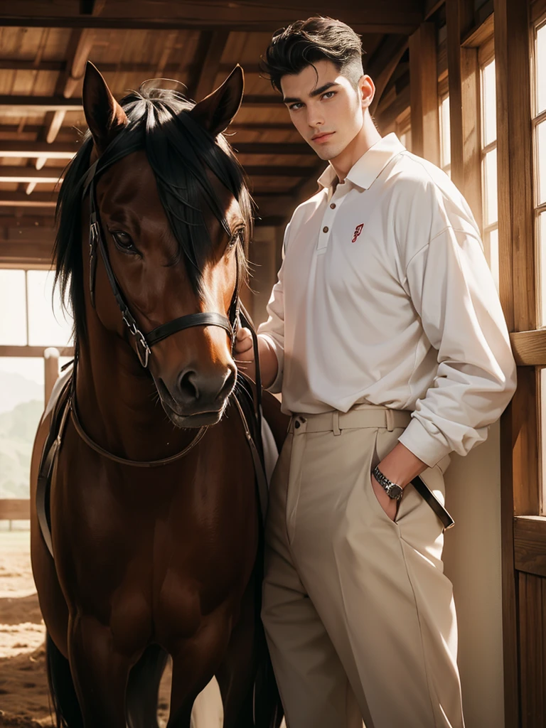 portrait headshot of a A tall handsome 27 year old man in a red and white long sleve polo shirt and white ridding pants and knee length  black boots. Holding a black horse by the harness with his left hand. He has black hair with a 70s-Inspired Shag brown eyes and light tan skin. He is muscular, athletic, and strong. In the background is a stable is a building in which livestock, especially horses, are kept.