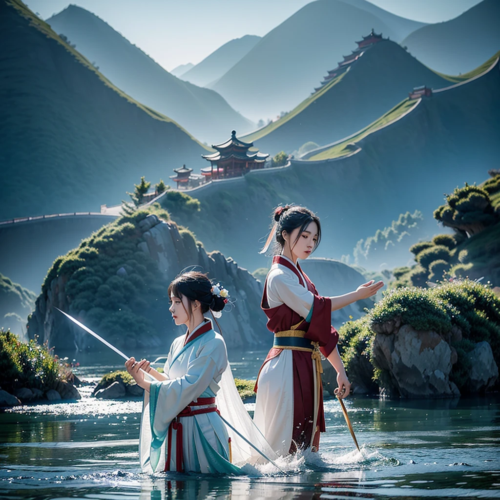 On a bamboo raft, The boatman lit his lantern, The bamboo rafts on the river reflect red, Hanfu woman standing on a bamboo raft playing the flute, Moonlight and lights spill on the surface of the river