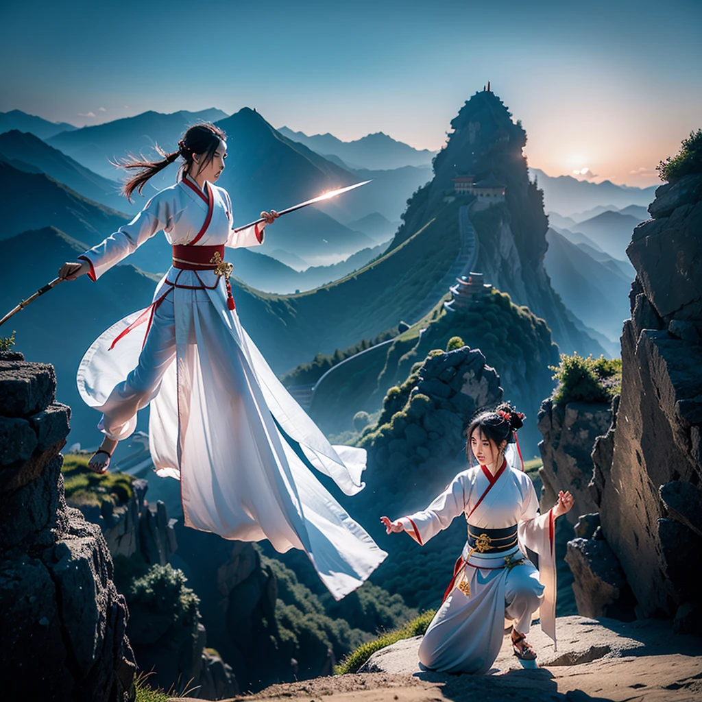 Create a Chinese Classic of Mountains and Seas style Hanfu martial arts drama with two super geniuses dueling and meditating images of the two characters in the stunning martial arts landscape., This sword fighting art is flying around and needs a lighting scene like a fantasy fairy duel.