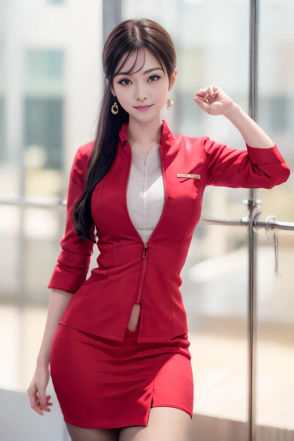 (masterpiece:1.2, Highest quality:1.2), 32k HDR, High resolution, (alone, 1 Girl), (AirAsia stewardess uniform realistic style), A proper woman, Beautiful Face, Brown Hair, (Long hair down to the legs), (Red jacket:1.1, Unzipped jacket, Unbuttoned white shirt:1.05, Red mini skirt:1.1, pantyhose),(Showing big through cleavage in unbuttoned white shirt)、(long hair that reaches down to the legs)、Perfect slim body:1.1, Huge breasts, huge breasts cleavage, Detailed skin texture, Beautiful Eyes, (Attractive look:1.2), necklace、Earrings、(forward leaning posture:1.5), On the roof of a building, Rooftop at daytime,Blue eyes、Hands should be lowered