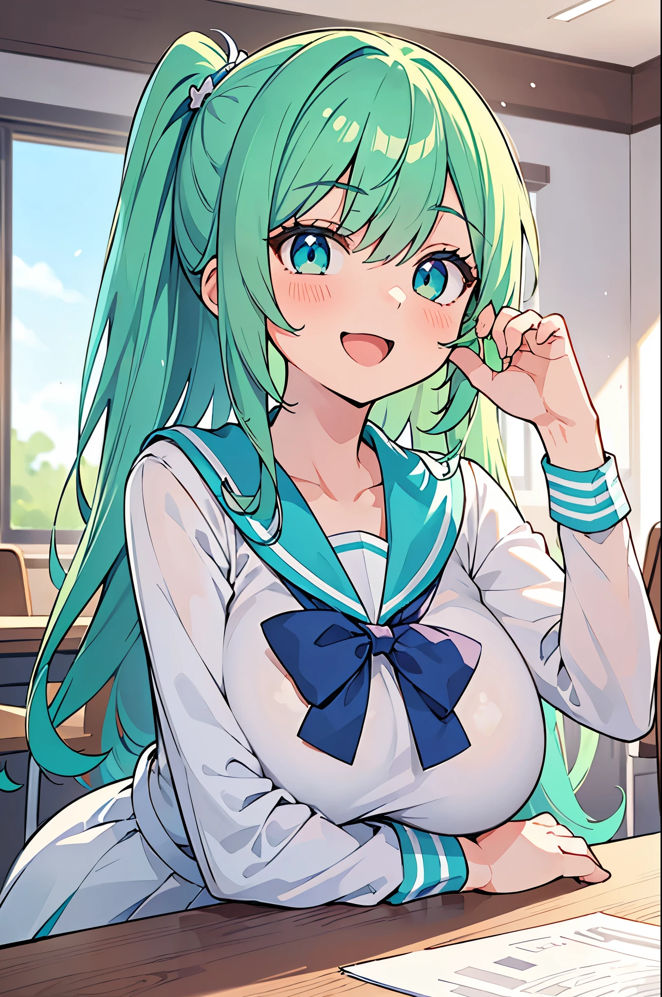((A Pretty high school girl with green hair and blue eyes)), ((wearing the white sailor suit)), , ((top-quality, master piece, ultra-definition, high resolution)), anime girl, ((ultra-detailed illust:1.2)), 1 girl, bangs, hair between eye, beautiful hair, Shiny eyes, highlights on the eyes, ((detailed eyes:1.2)), ((super gigantic breasts:1.3)), huge tits, Soft breasts, focused on breasts, ((breasts on the table)), breast rest, Big smile, enjoyed, laughing, in the classroom