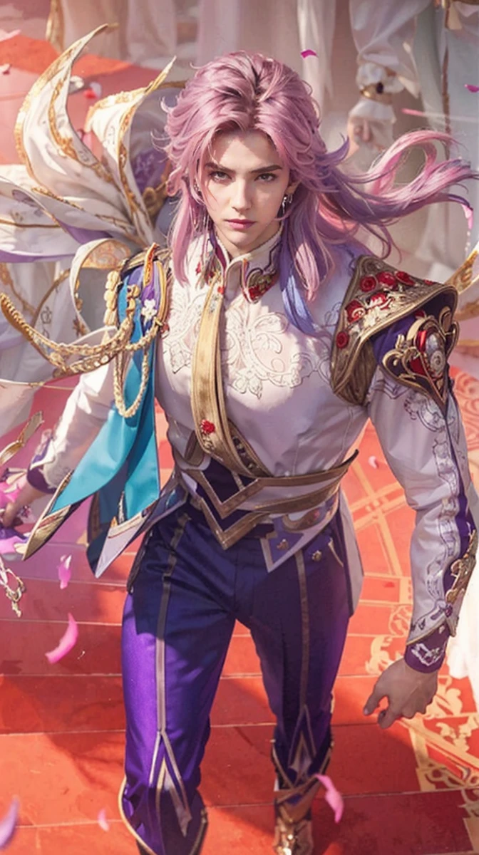 Nunew with prince theme. violet hair and hairstyle. Violet eyes and pale skin. masculine features but delicate and royal features. clothing in red and white tones with decorations of red roses. #### Example prompt: `(best quality,4k,8k,highres,masterpiece:1.2),ultra-detailed,(realistic,photorealistic,photo-realistic:1.37),portrait,close-up` #### Details :- the character is inspired by the Thai actor Chawarin Perdpiriyawong better known as Nunew with purple hair. His vibes exude royalty and majesty, he belongs to royalty. Everything around him makes him look majestic and royal without falling into extravagance. His facial expressions denote sweetness, charm and warmth thus enhancing his innocent aura. The color palette in his clothing varies between red or pink and white, and everything around him creates an excellent parsimony in the image. The image created accurately portrays the featur. es and face of Chawarin Perdpiriyawong nicknamed Nunew. Note: Remember to adhere to the prompt format and avoid adding any unnecessary explanations or sentences. face of Chawarin Perdpiriyawong nicknamed Nunew. exactly the same shape of the eyes and features. circular face not ovalo face. ************. innocence face.