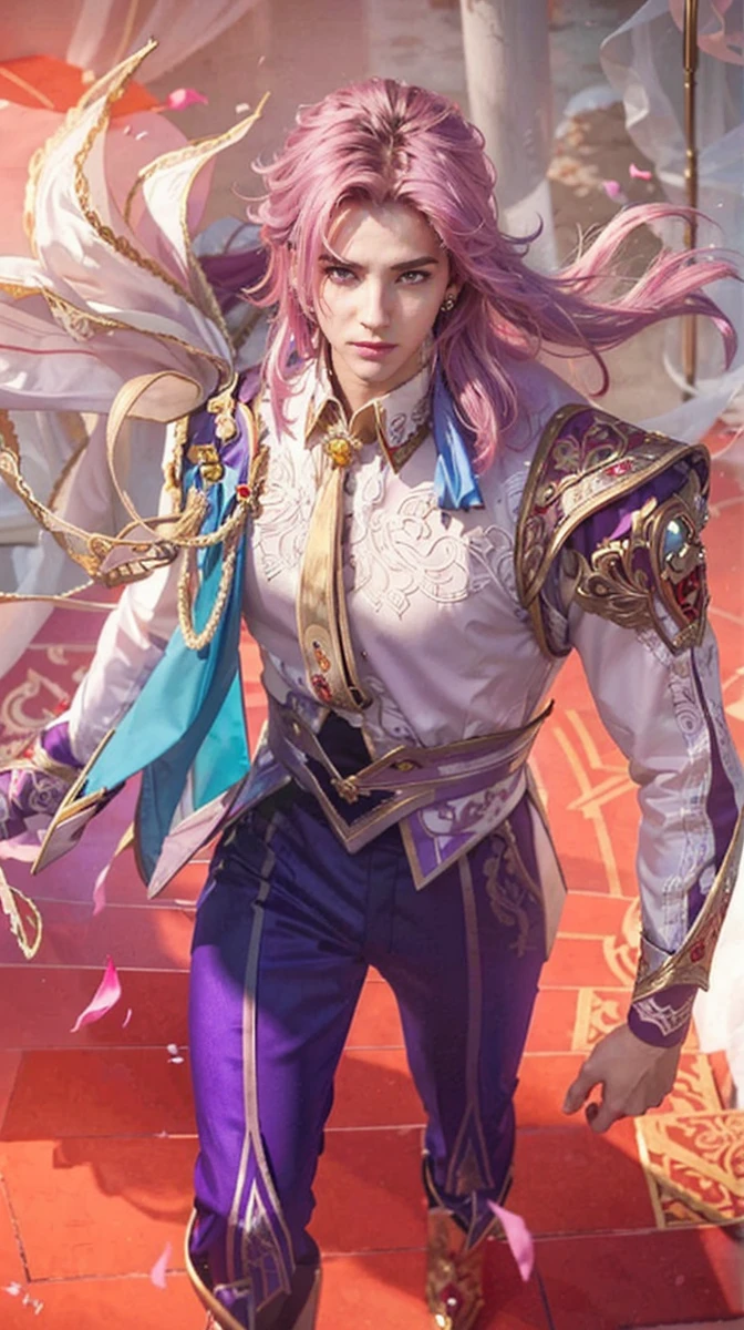 Nunew with prince theme. violet hair and hairstyle. Violet eyes and pale skin. masculine features but delicate and royal features. clothing in red and white tones with decorations of red roses. #### Example prompt: `(best quality,4k,8k,highres,masterpiece:1.2),ultra-detailed,(realistic,photorealistic,photo-realistic:1.37),portrait,close-up` #### Details :- the character is inspired by the Thai actor Chawarin Perdpiriyawong better known as Nunew with purple hair. His vibes exude royalty and majesty, he belongs to royalty. Everything around him makes him look majestic and royal without falling into extravagance. His facial expressions denote sweetness, charm and warmth thus enhancing his innocent aura. The color palette in his clothing varies between red or pink and white, and everything around him creates an excellent parsimony in the image. The image created accurately portrays the featur. es and face of Chawarin Perdpiriyawong nicknamed Nunew. Note: Remember to adhere to the prompt format and avoid adding any unnecessary explanations or sentences. face of Chawarin Perdpiriyawong nicknamed Nunew. exactly the same shape of the eyes and features. circular face not ovalo face. . innocence face.