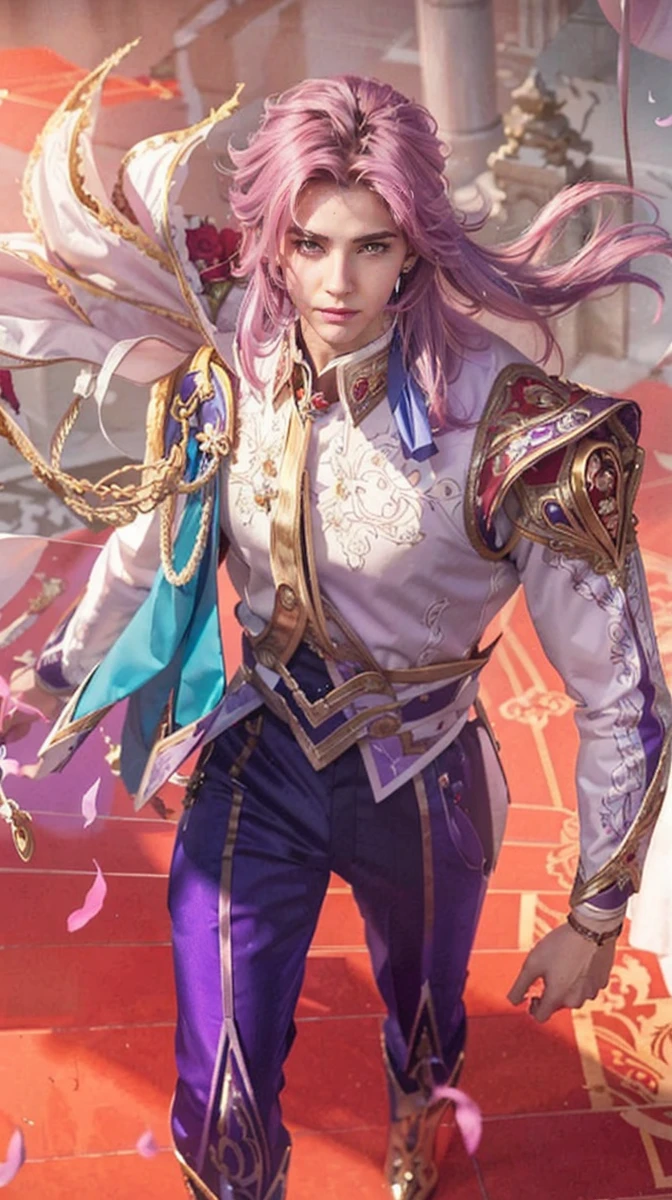 Nunew with prince theme. violet hair and hairstyle. Violet eyes and pale skin. masculine features but delicate and royal features. clothing in red and white tones with decorations of red roses. #### Example prompt: `(best quality,4k,8k,highres,masterpiece:1.2),ultra-detailed,(realistic,photorealistic,photo-realistic:1.37),portrait,close-up` #### Details :- the character is inspired by the Thai actor Chawarin Perdpiriyawong better known as Nunew with purple hair. His vibes exude royalty and majesty, he belongs to royalty. Everything around him makes him look majestic and royal without falling into extravagance. His facial expressions denote sweetness, charm and warmth thus enhancing his innocent aura. The color palette in his clothing varies between red or pink and white, and everything around him creates an excellent parsimony in the image. The image created accurately portrays the featur. es and face of Chawarin Perdpiriyawong nicknamed Nunew. Note: Remember to adhere to the prompt format and avoid adding any unnecessary explanations or sentences. face of Chawarin Perdpiriyawong nicknamed Nunew. exactly the same shape of the eyes and features. circular face not ovalo face. ************. innocence face.